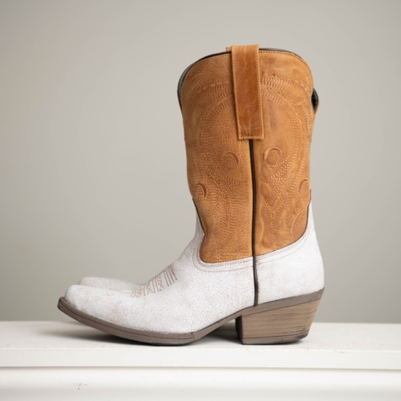 Sterling River Cowboy Boots Two Tone White Tan Embroidered Leather W sz 9 Tall - Picture 3 of 10